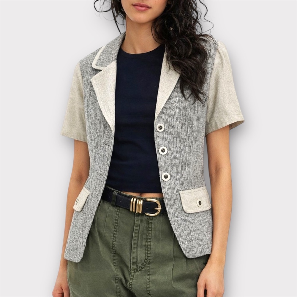 Vintage Mixed Media Jacket Black Cream Textured Weave S/M